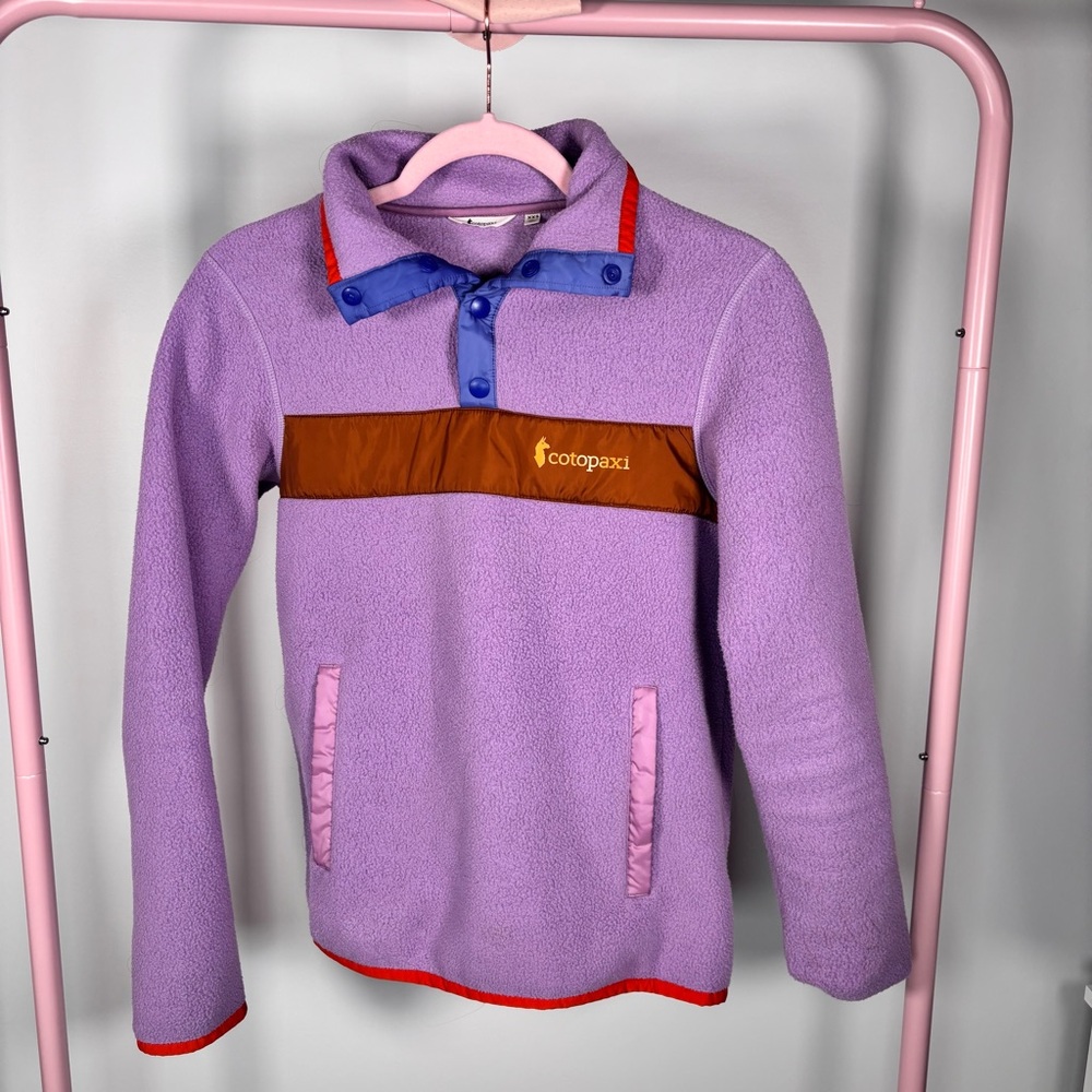 Cotopaxi Lavender Fleece Hoodie with Brown and Blue Accents